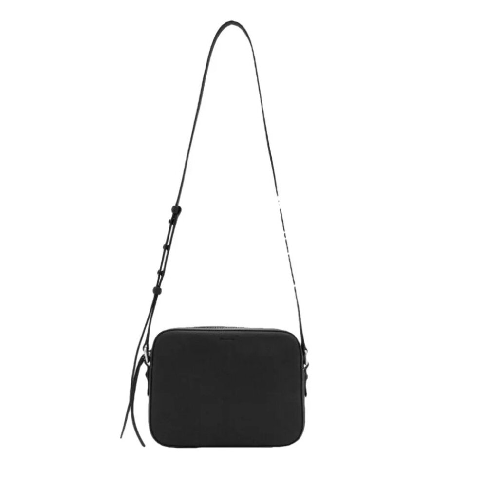 All Saints Black Leather Black Pebble Leather Square Crossbody Bag